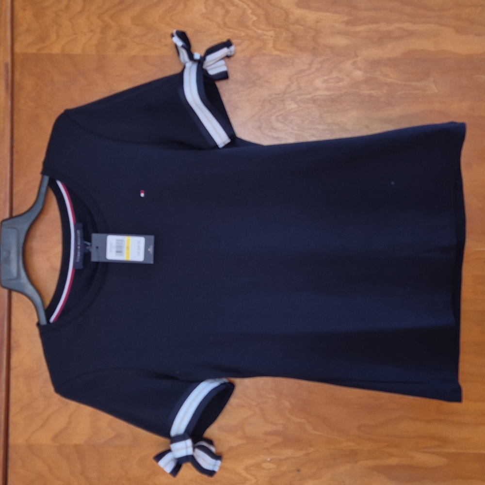 Tommy Hilfiger Women's 100% Cotton Navy Tee with Striped Bow Sleeves, size M - Picture 5 of 16